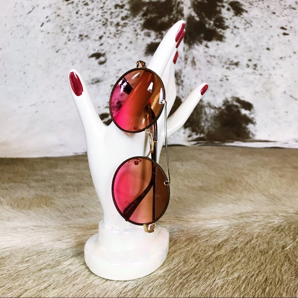 Betsey Johnson Round, Wood, Pink-Tinted Sunglasses